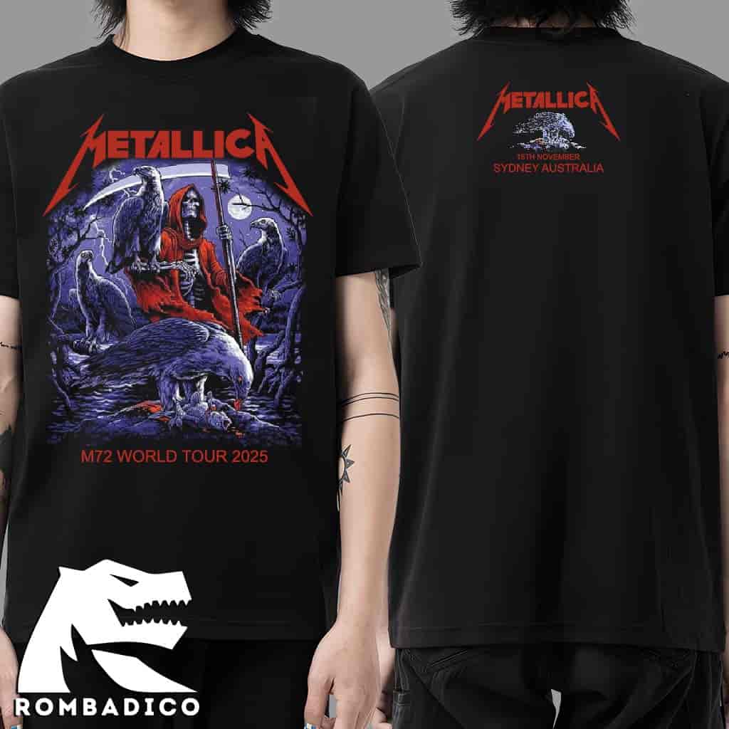 Metallica M72 Sydney Australia 2025 Exclusive Tee At Accor Stadium On 15 November Skeletal Reaper Artwork Two Sided Unisex T-Shirt Metallica M72 Sydney Australia 2025 Exclusive Tee At Accor Stadium On 15 November Skeletal Reaper Artwork Two Sided Unisex T-Shirt