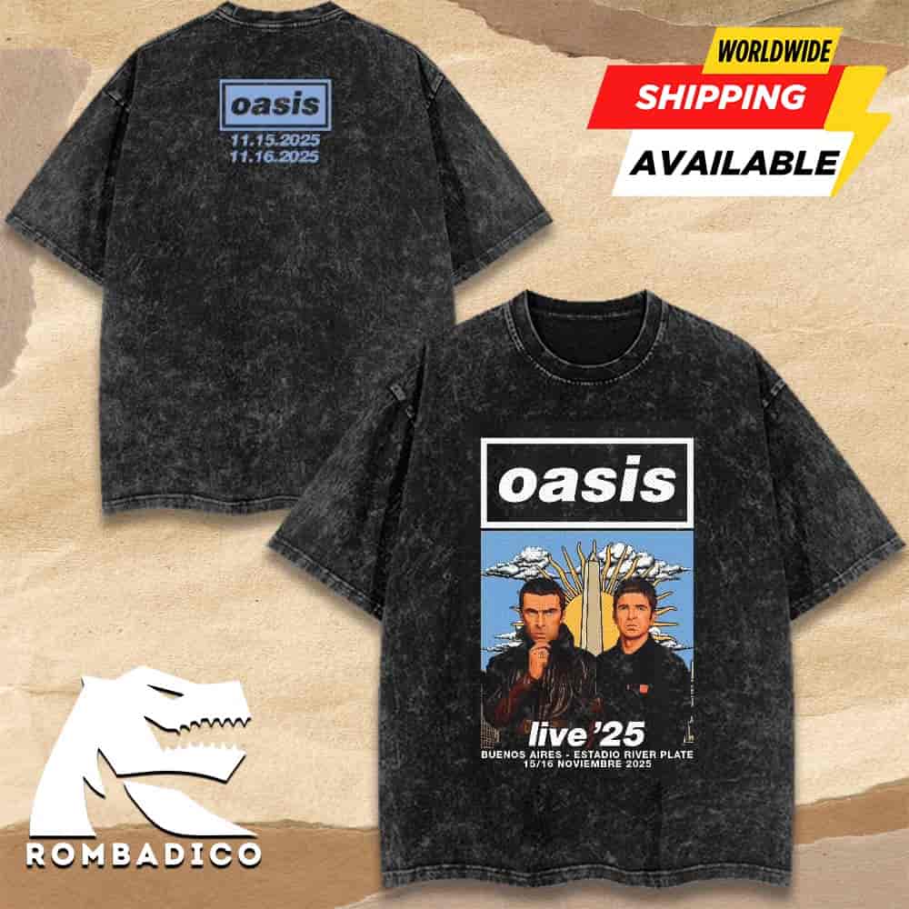 Oasis Buenos Aires Live 25 Tour Merchandise Tee At River Plate Noviembre 15-16 2025 Washed Shirt Oasis Buenos Aires Live 25 Tour Merchandise Tee At River Plate Noviembre 15-16 2025 Washed Shirt